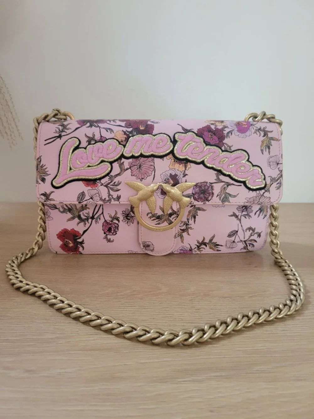 PINKO Love Me Tender Floral Crossbody Bag Pink Gold Chain Shoulder Purse